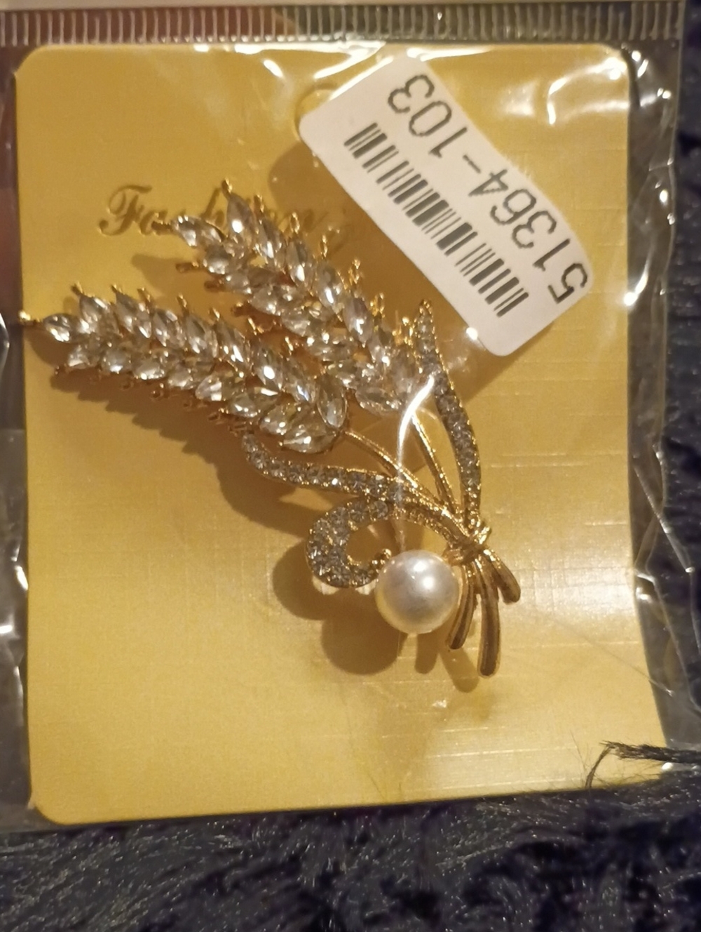Gold Crystal Wheat Spray Brooch with Pearl Accent - Women Jewelry